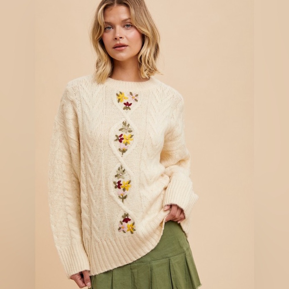 New Floral Embroidered Vanilla Cream Sweater - Picture 2 of 13